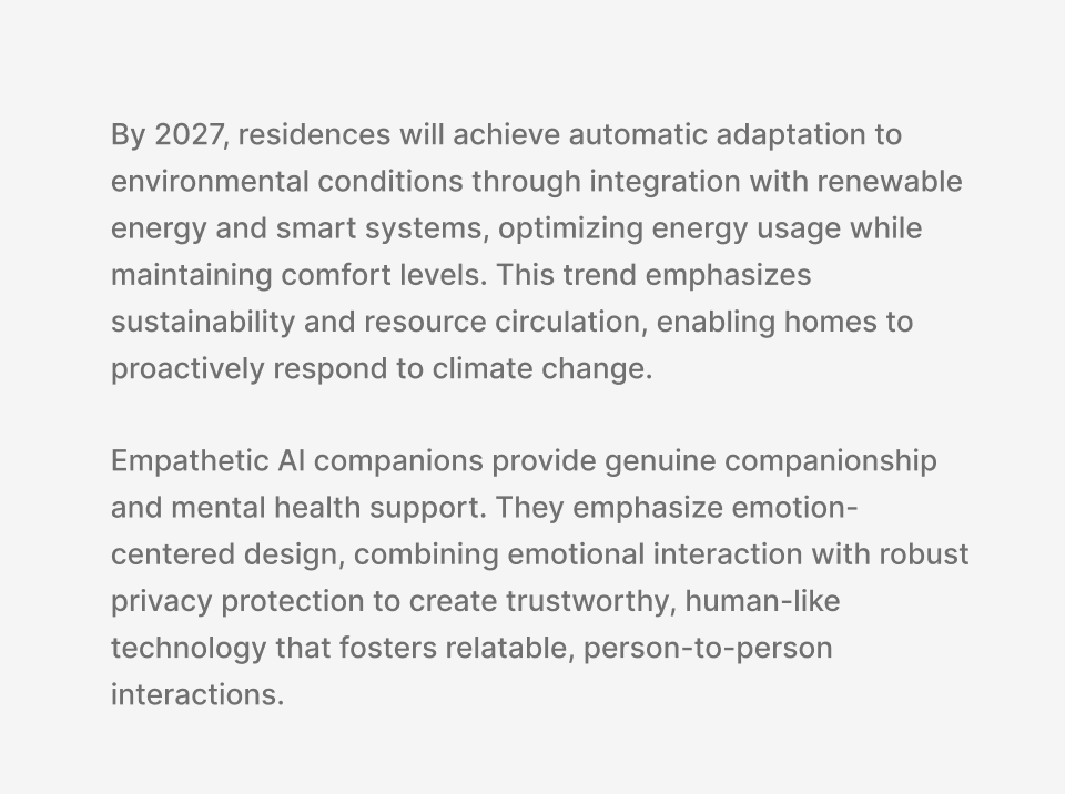 The descriptions and summaries of climate-adaptive housing and AI emotional companions.